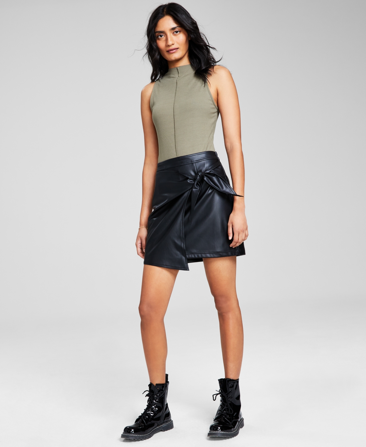 And Now This Women's Faux-leather Pull-on Faux-wrap Skirt In Black