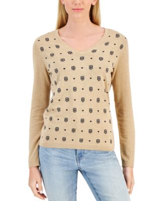 Tommy Hilfiger - Women's Cotton Logo-Print V-Neck Sweater