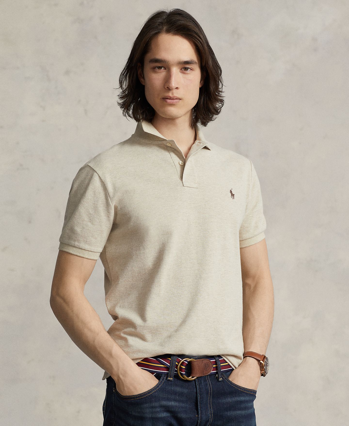Мужское поло Polo Ralph Lauren Cotton Custom Slim Fit Mesh Polo Shirt, цвет: Дюнный меланжевый — фото 1