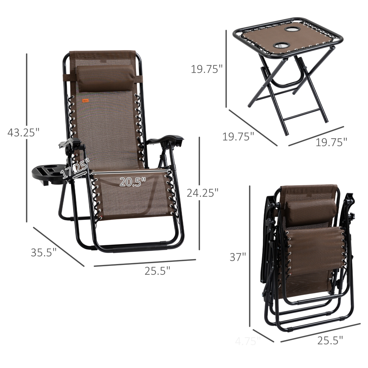Outsunny 3-Piece Outdoor Chaise Lounger Chair Set, Folding Reclining Zero Gravity Chair with Side Table, Cup Holder and Headrest for Patio, Yard, Beac
