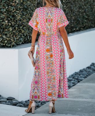 Women's Floral Paisley Print Belted Maxi Beach Dress