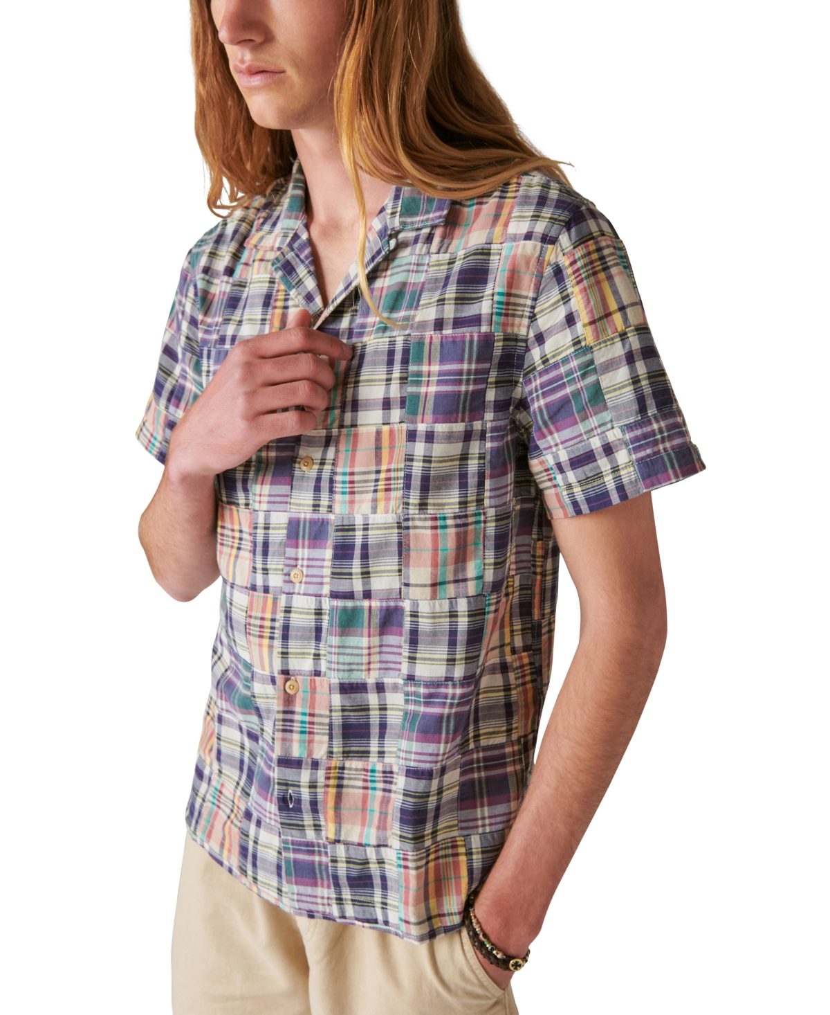 Men's Patchwork Short Sleeves Work Wear Shirt - Blue Multi Print