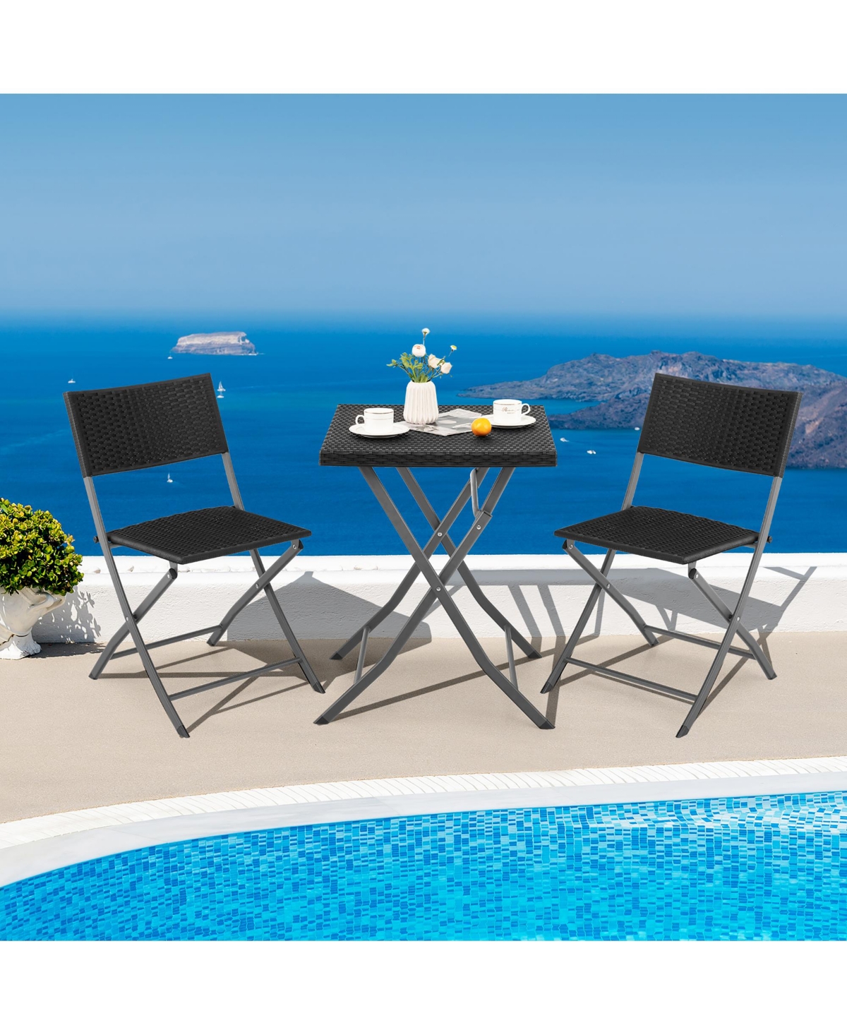 3PCS Patio Folding Rattan Bistro Set Chairs Backrest Table Garden Deck
