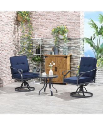 3 Piece Patio Bistro Set, Outdoor Conversation Furniture, 2 Swivel Rocking Chairs, 1 Round Tempered Glass Coffee Table, Soft Removable Cushions for Lawn, Porch, Garden, Blue