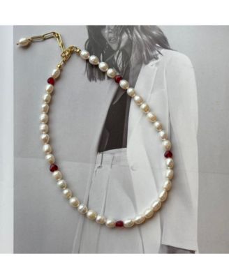 18K Gold Plated Freshwater Pearls with Charming Red Hearts - Akari Choker For Women