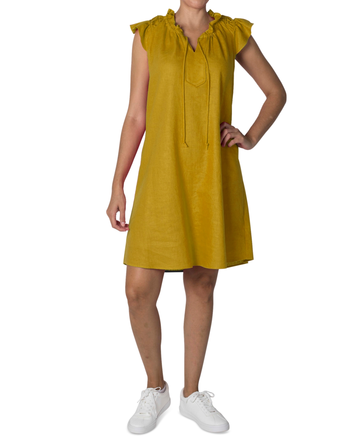 Women's Split-Neck A-Line Dress - Mustard