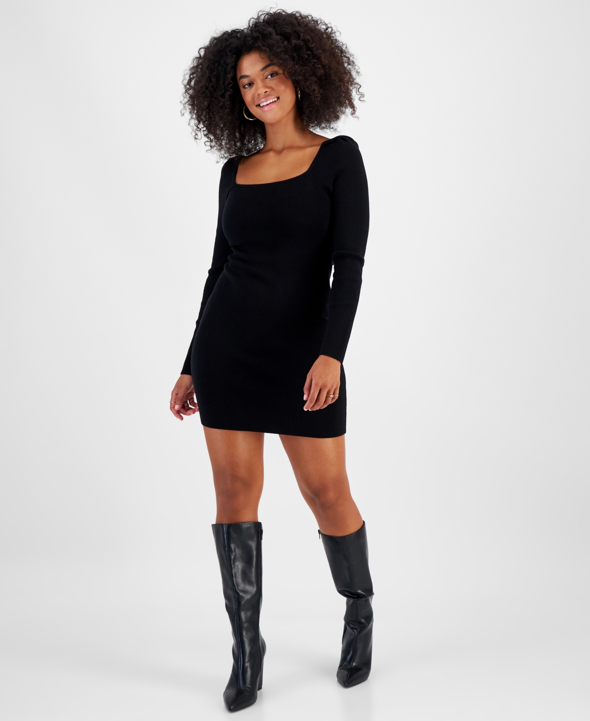 Bar Iii Women's Square-neck Bodycon Sweater Dress, Created For Macy's In Deep Black