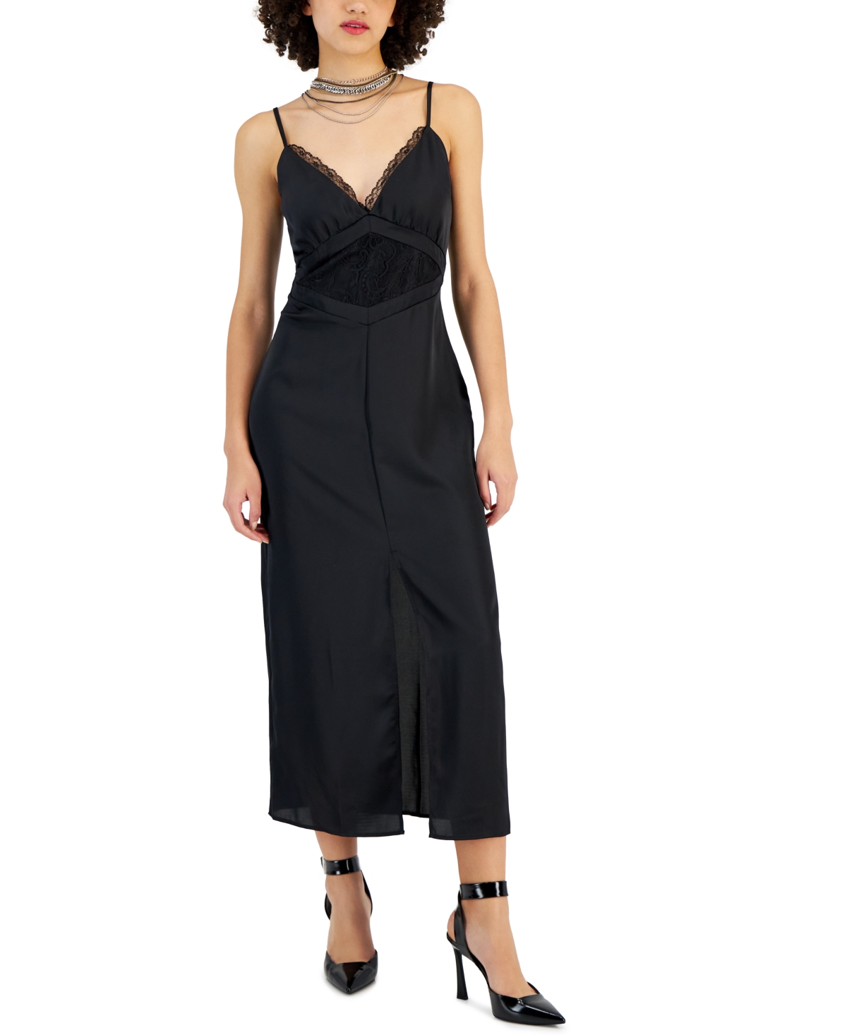 Bar Iii Women's Lace-trim Sleeveless Slip Dress, Created For Macy's In Deep Black