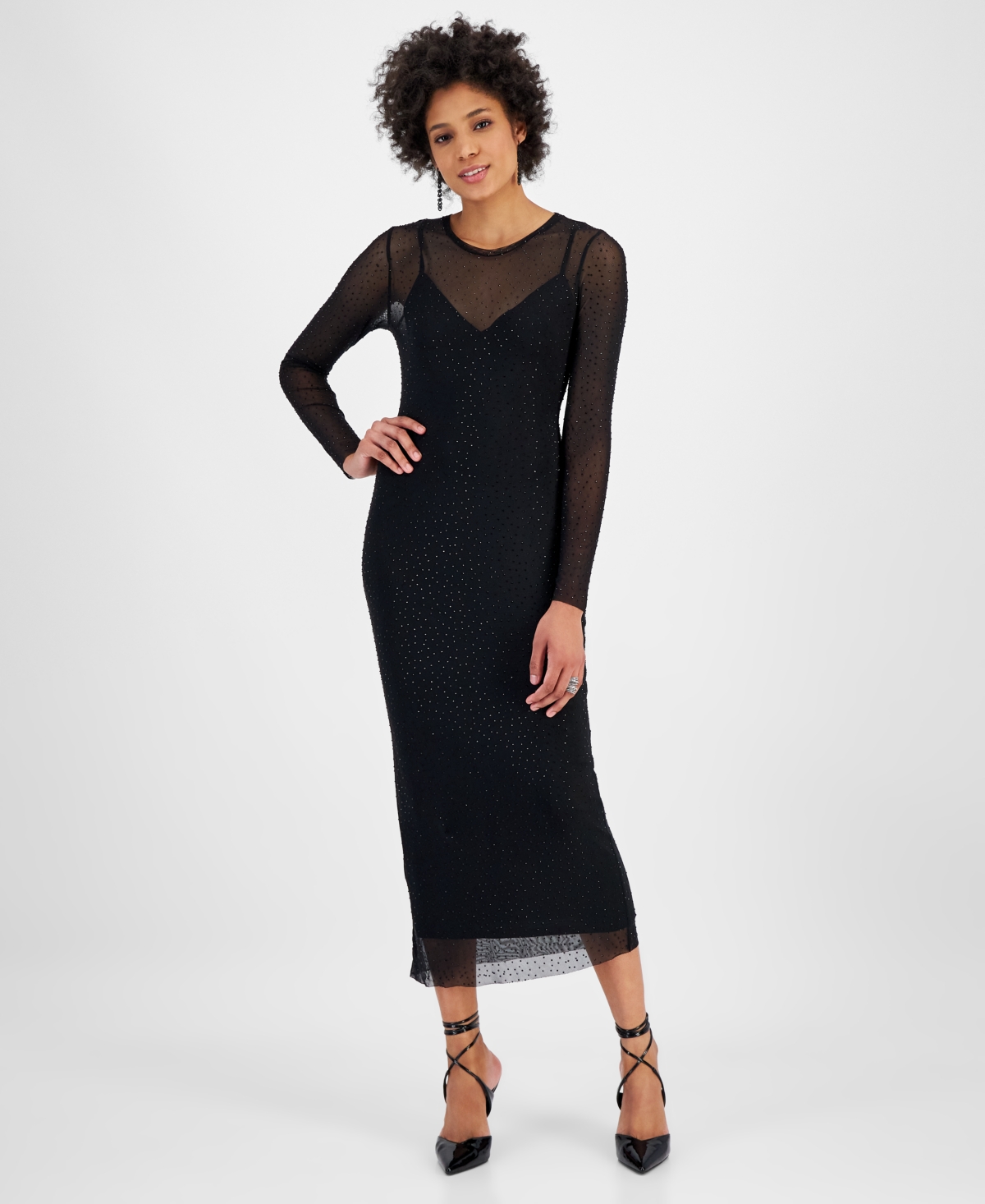 Bar Iii Women's Studded Mesh Midi Dress, Created For Macy's In Deep Black