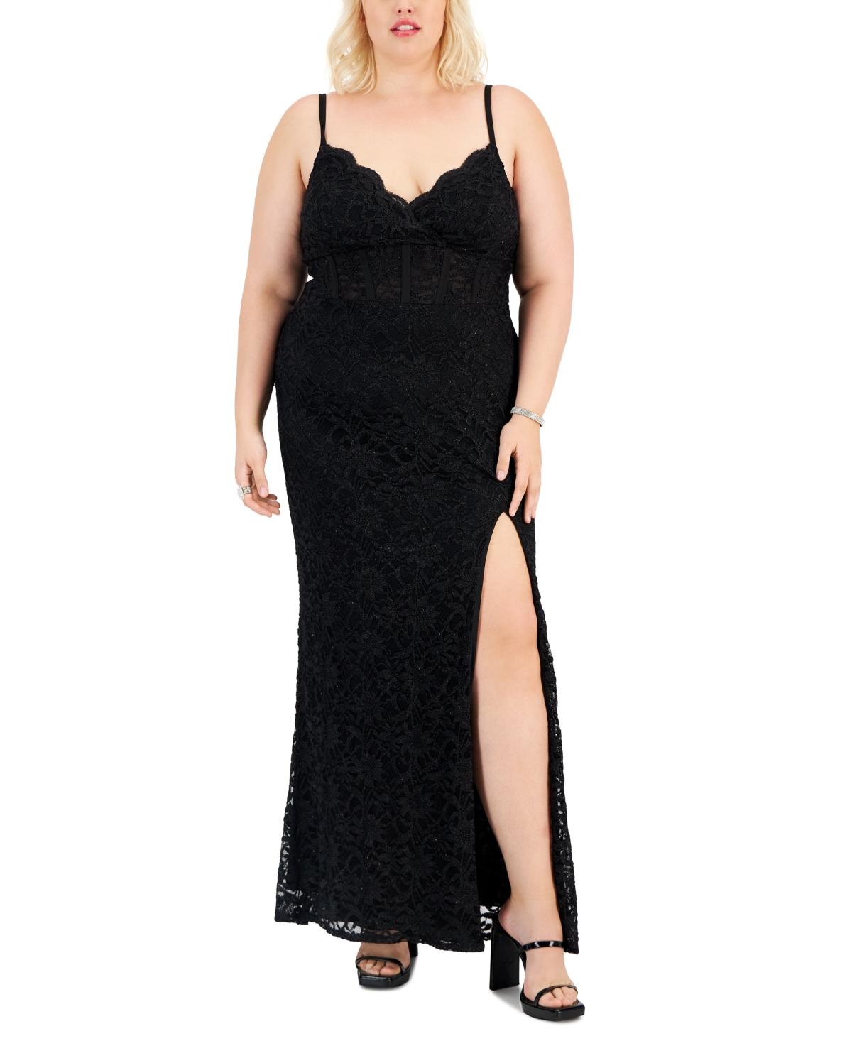 Shop City Studios Trendy Plus Size Lace Bodycon Gown In Black