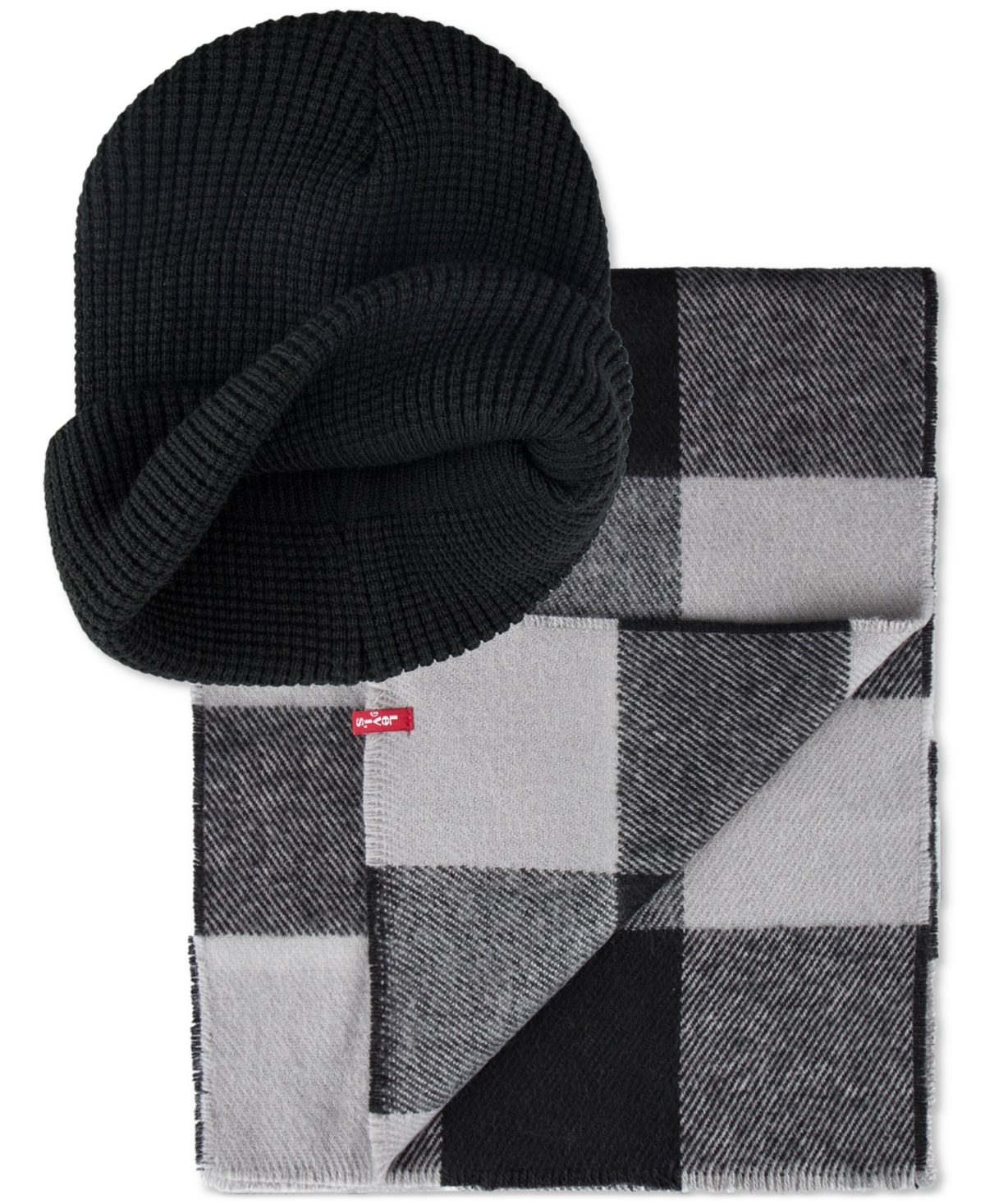 Levi's Men's Waffle Beanie & Woven Plaid Scarf Set