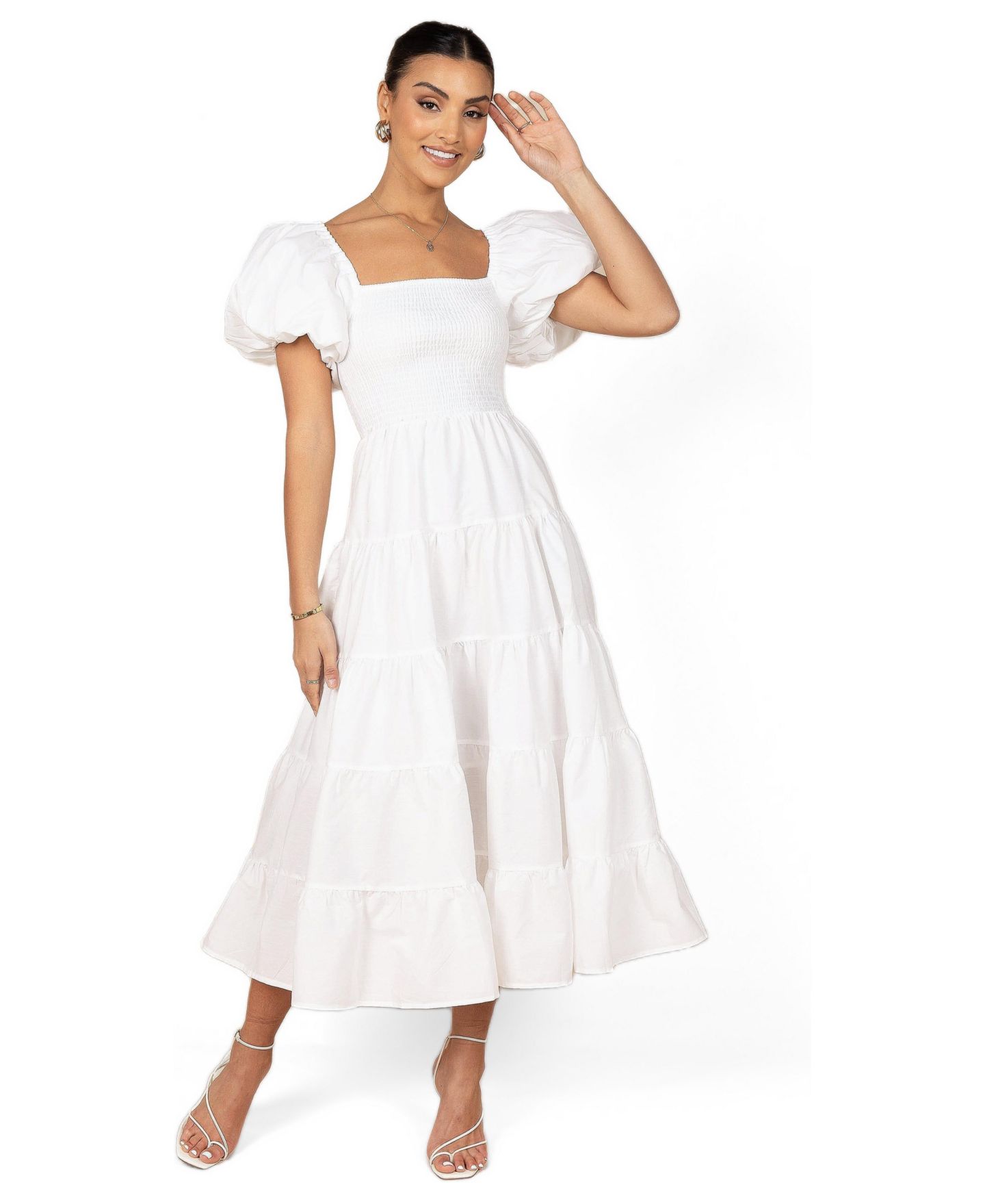 Женское платье Petal and Pup Annette Puff Sleeve Shirred Midi, цвет: Белый — фото 12