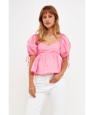 Women's Tied Strap Puff Sleeve Woven Top