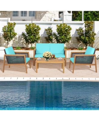 4PCS Patio Rattan Furniture Set Acacia Wood Cushioned Sofa