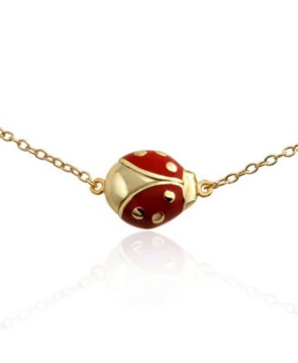 Red Ladybug Garden Charm Anklet Link Ankle Bracelet Gold Plated Sterling Silver Adjustable 9 To 10 Inch With Extender