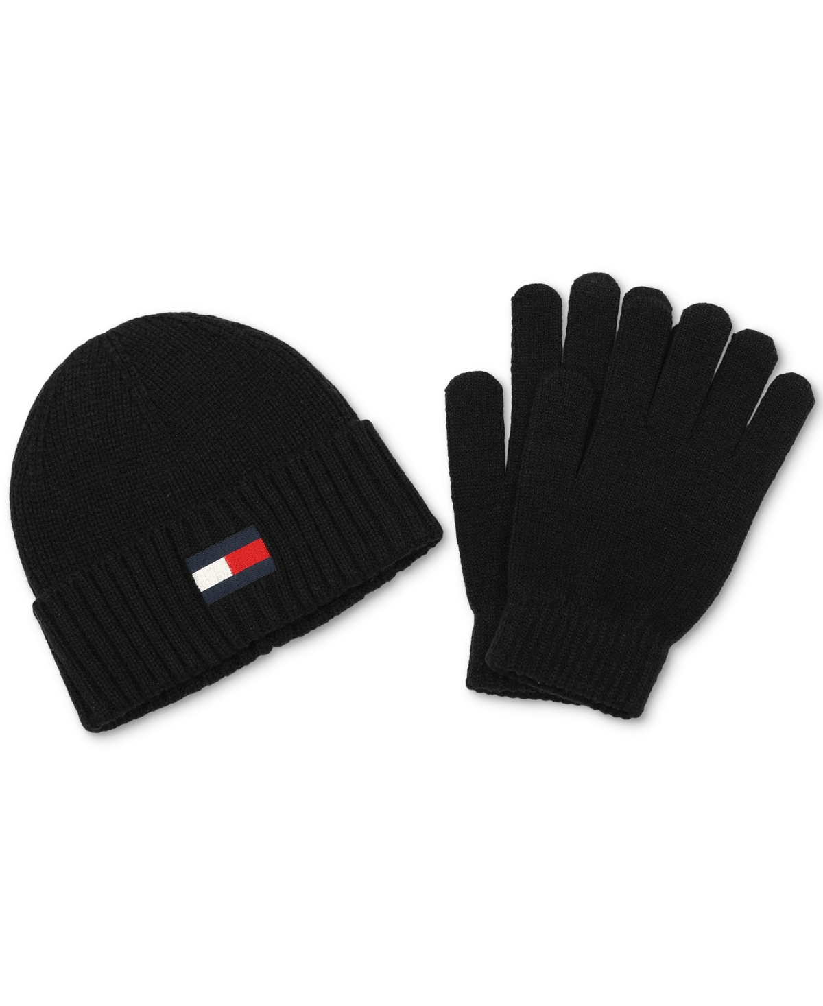Men's Embroidered Logo Beanie & Gloves Set - Black