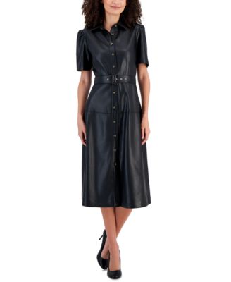 T Tahari - Women's Faux-Leather Belted Midi Shirtdress