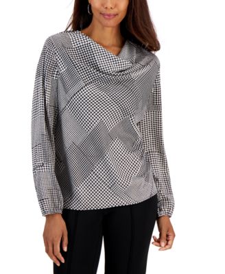 Kasper - Petite Long-Sleeve Printed Cowl-Neck Top