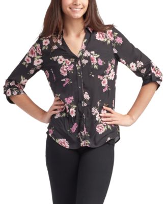 BCX - Juniors' Floral-Print Roll-Tab 3/4-Sleeve Top