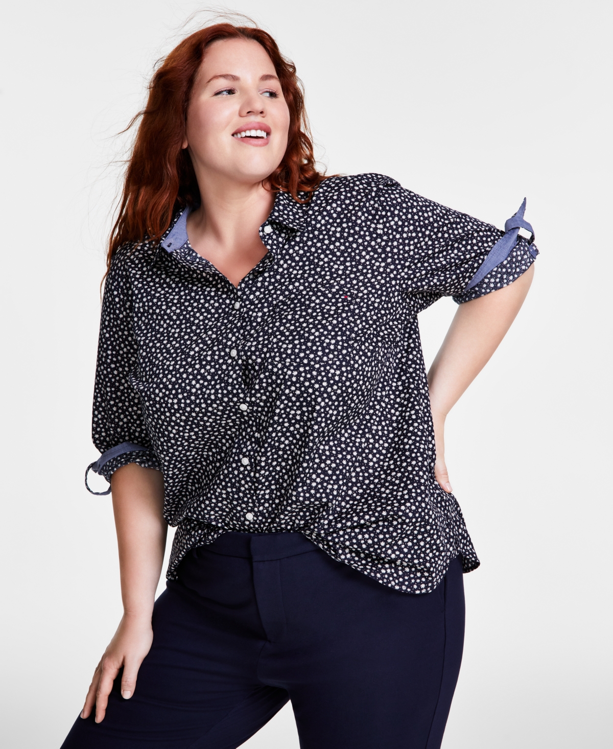 Tommy Hilfiger Plus Size Cotton Printed Roll-Tab Shirt