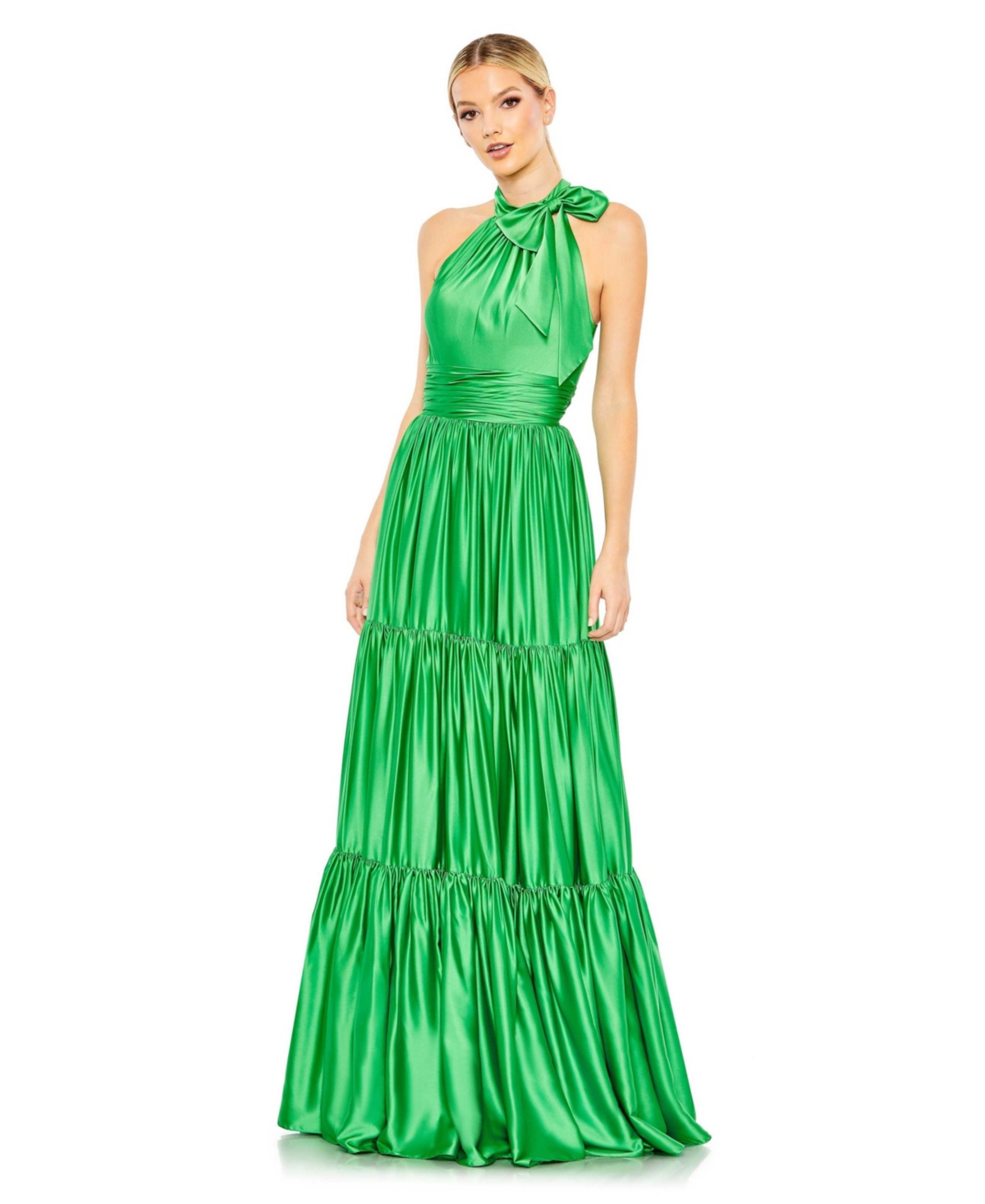 Mac Duggal Tiered Bow Neck Gown In Spring Green
