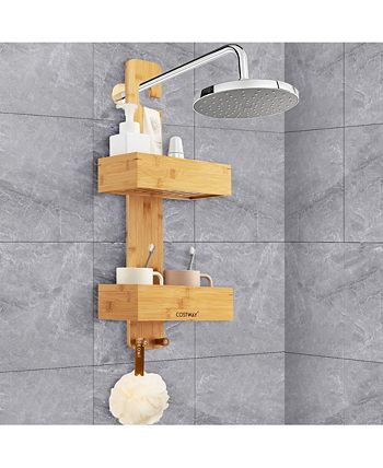 Costway 2-Tier Bamboo Hanging Shower Caddy Bathroom Organizer Shelf w/ 2  Hooks 