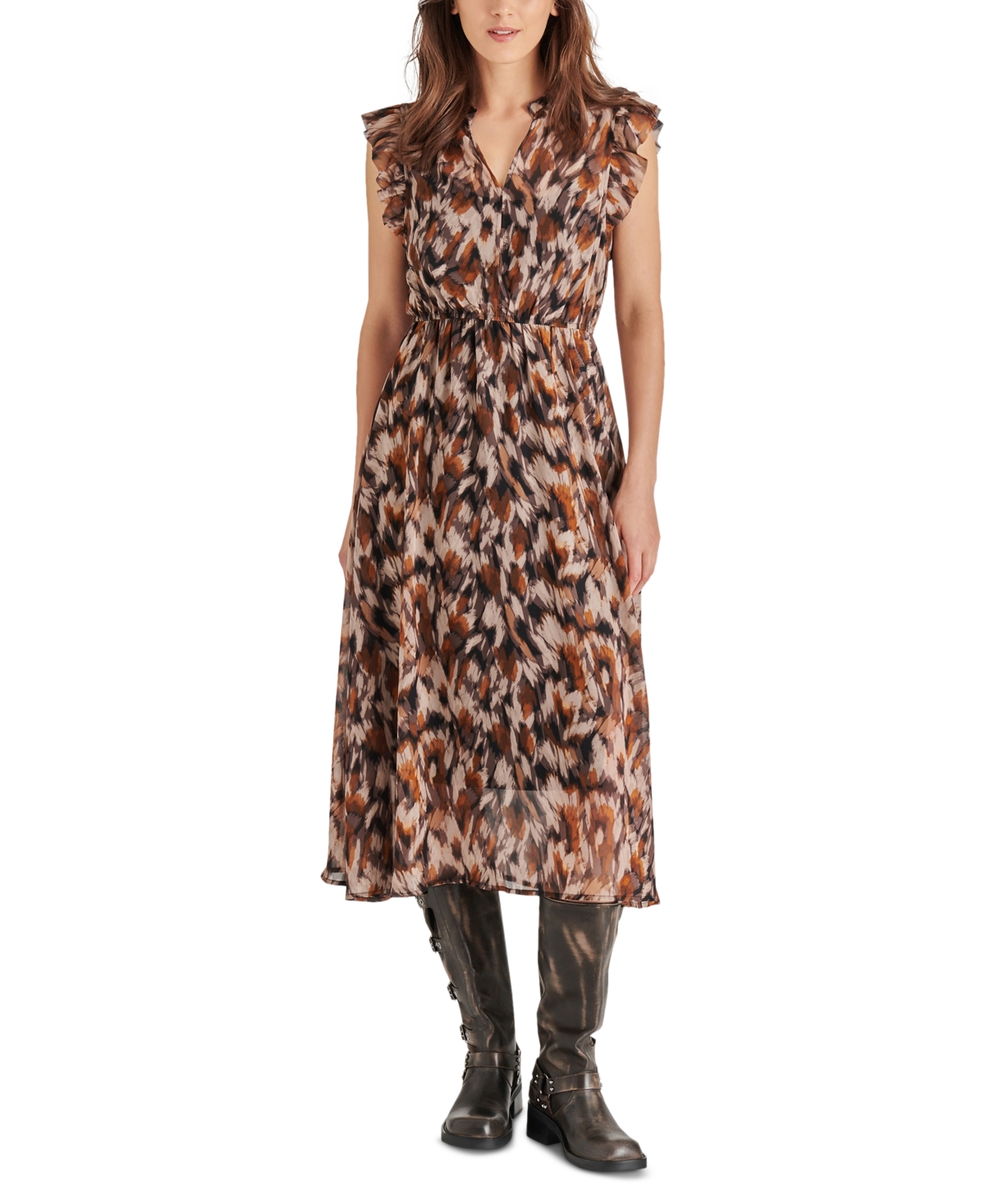 Steve Madden Women's Allegra Brushstrokes Printed Chiffon Midi Dress In Oak Buff