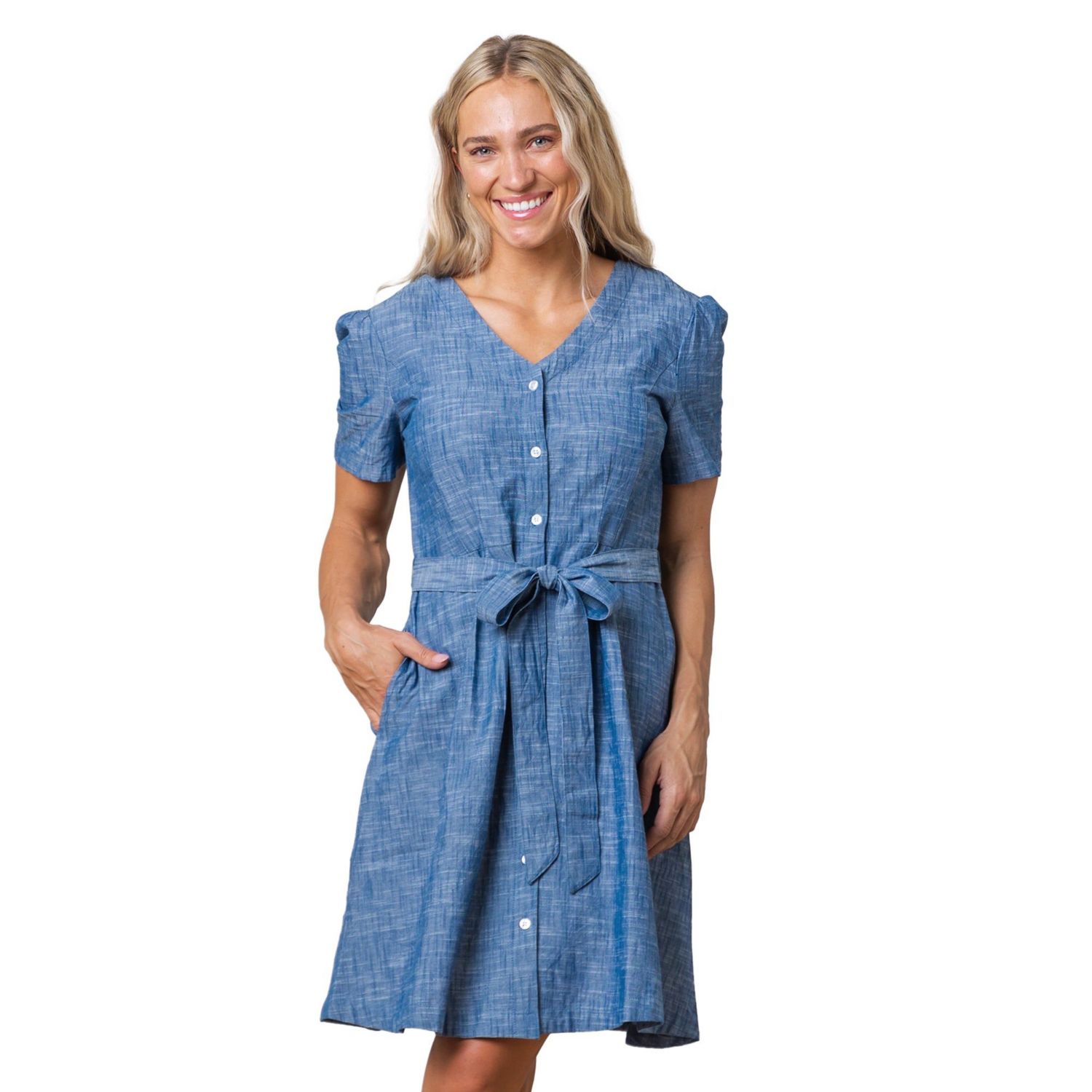 Women's Hope and Henry Short Sleeve Button Front Chambray Dress with Waist Sash