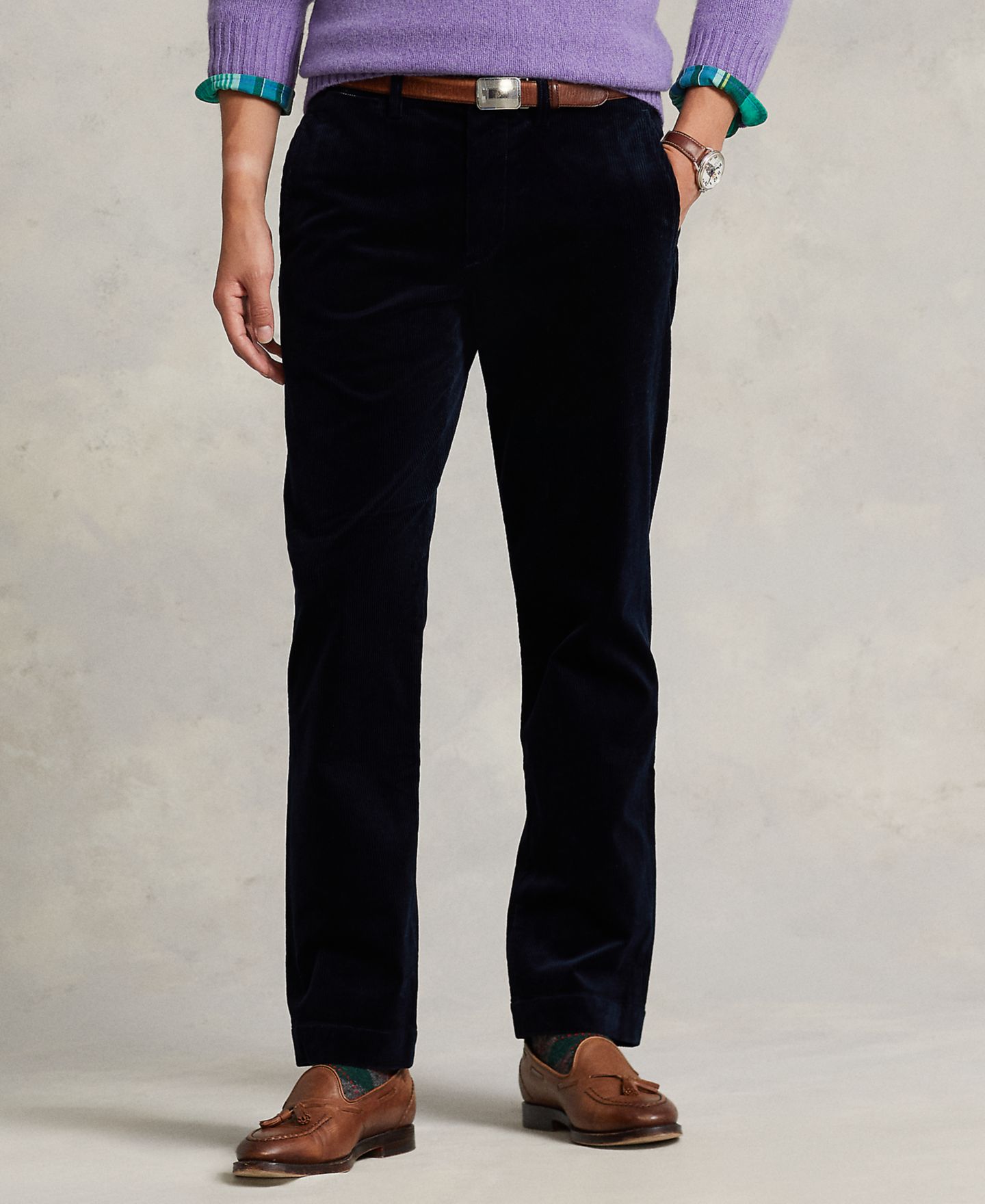 Мужские брюки Polo Ralph Lauren Stretch Straight-Fit Corduroy, цвет: Тёмно-синий — фото 1