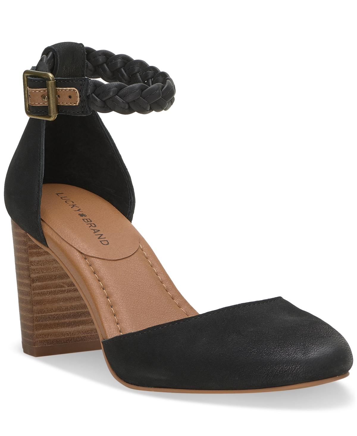 Lucky Brand Women s Kainda Braided Ankle Strap Block Heel Pumps Macadamia Leather Smart Closet