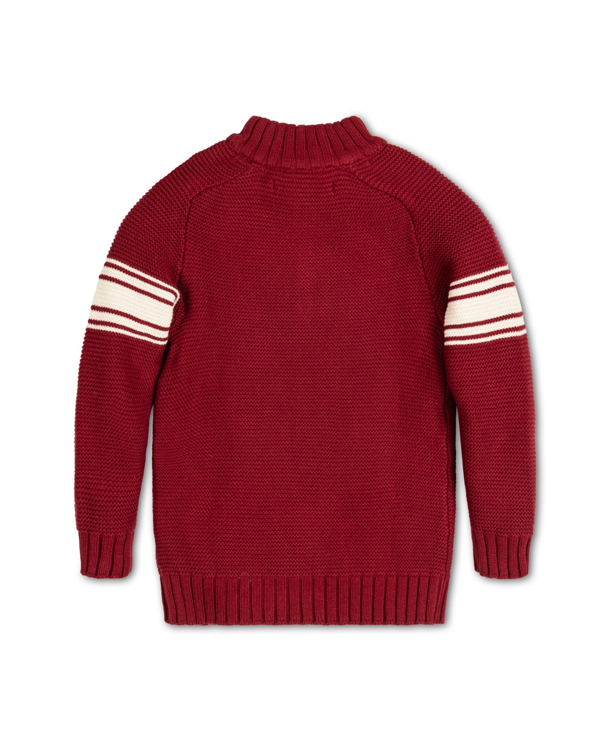 Hope & Henry Baby Boys Organic Long Sleeve Mock Neck Raglan Sweater with Kanga Pocket - Dark red with sleeve stripes