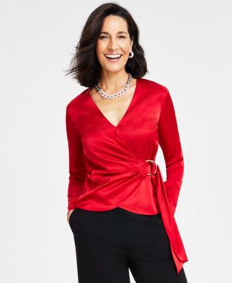 I.N.C. International Concepts Women's Surplice Satin Blouse, Created for Macy's