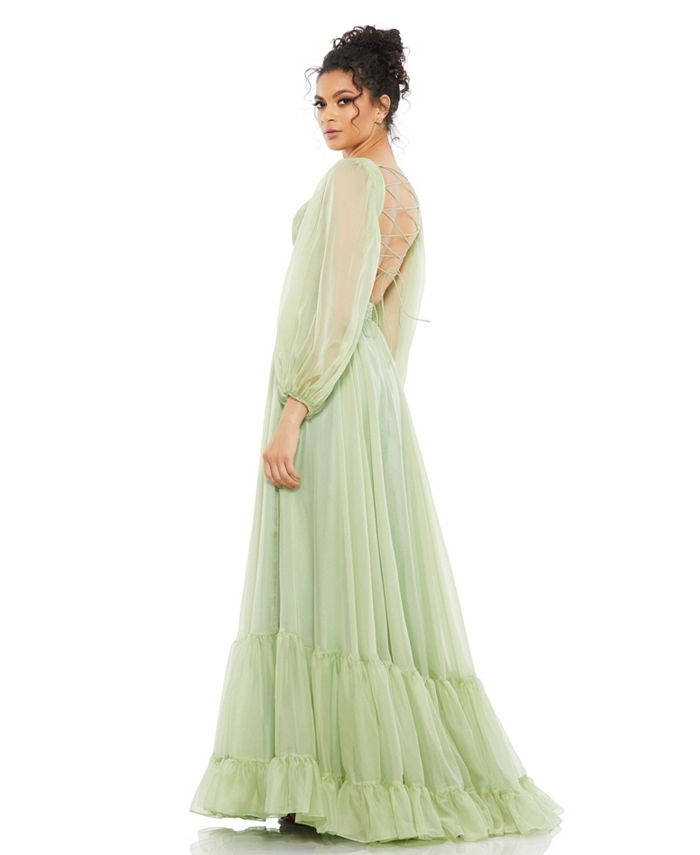 Mac Duggal Women's Pleated Cut Out Long Sleeve Lace Up Tiered Gown - Macy's