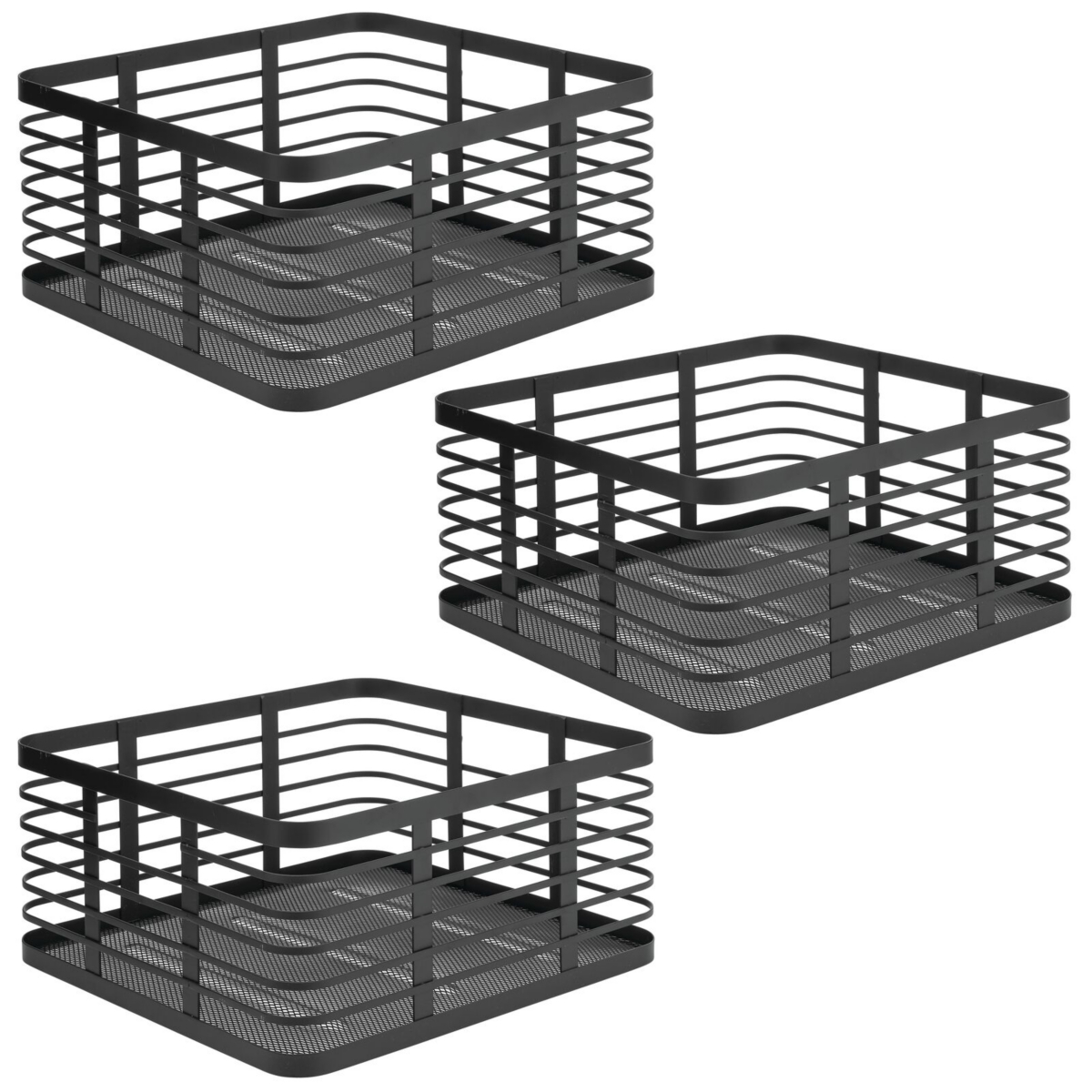mDesign Steel Metal Wire Kitchen Organizer Basket, Handles, 3 Pack, Matte- Black