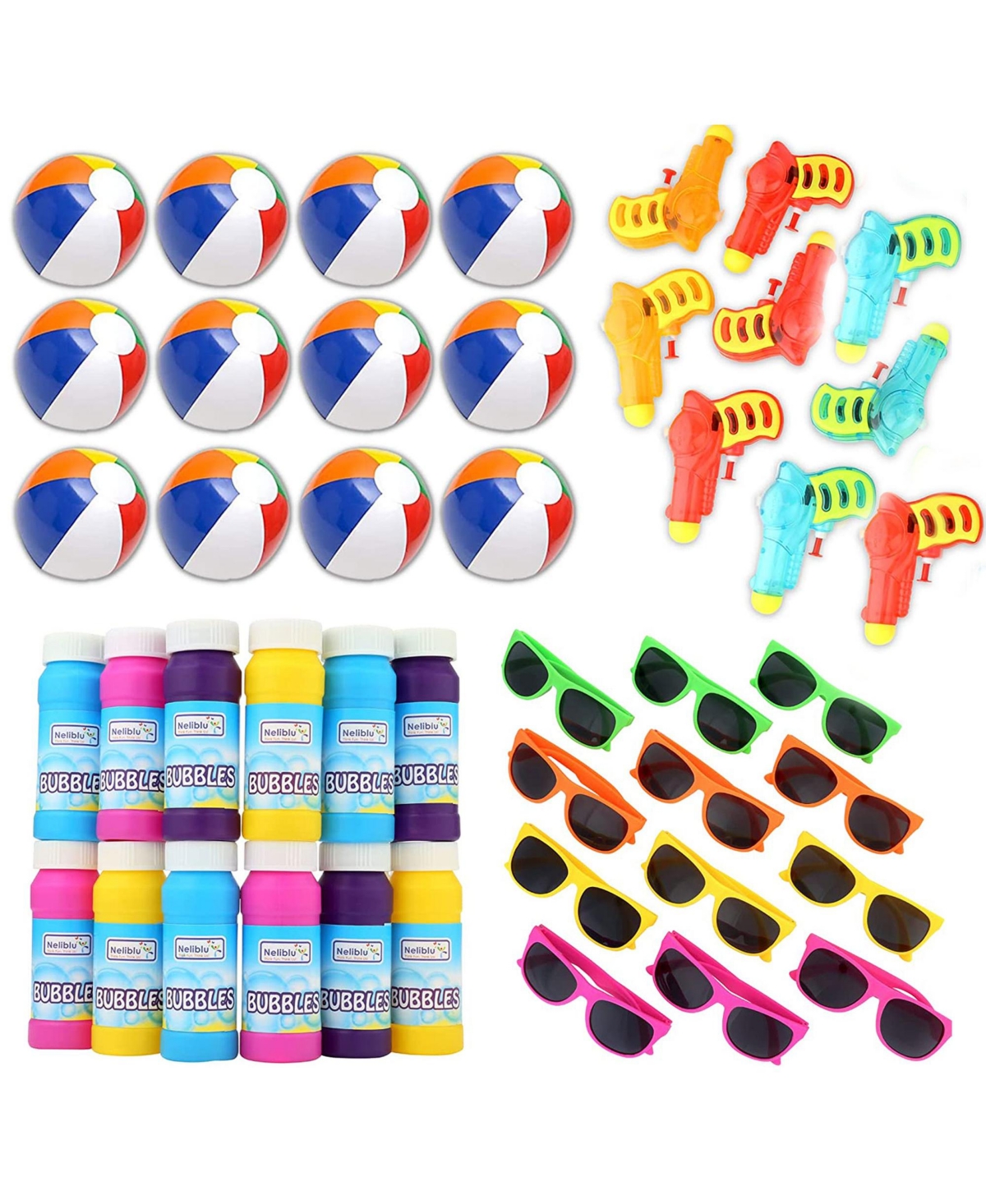 Mega Pool Party and Beach Party Favors - Bulk Pack of 48 Summer Fun Toy Mega Assortment of Kids Toys Includes - Kids Sunglasses Party Favors, Inflatable Beach Balls, Water Gun Squirts and Bubbles