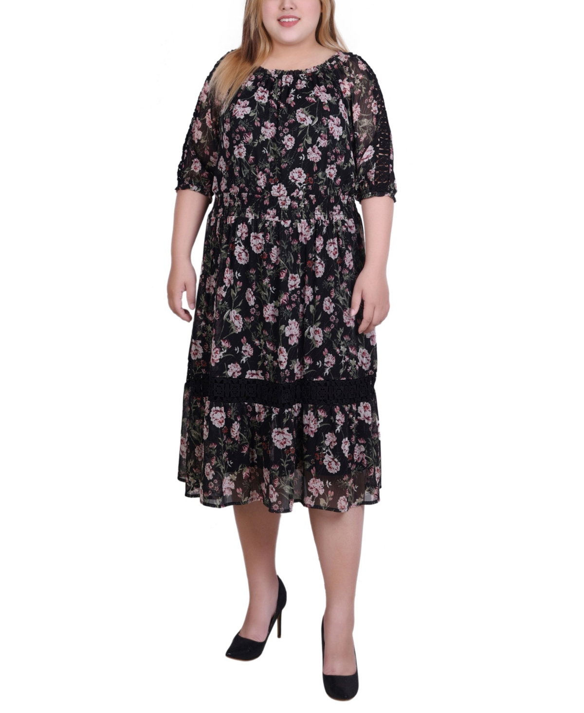 Ny Collection Plus Size 3/4 Sleeve Smocked Waist Dress In Black Floral