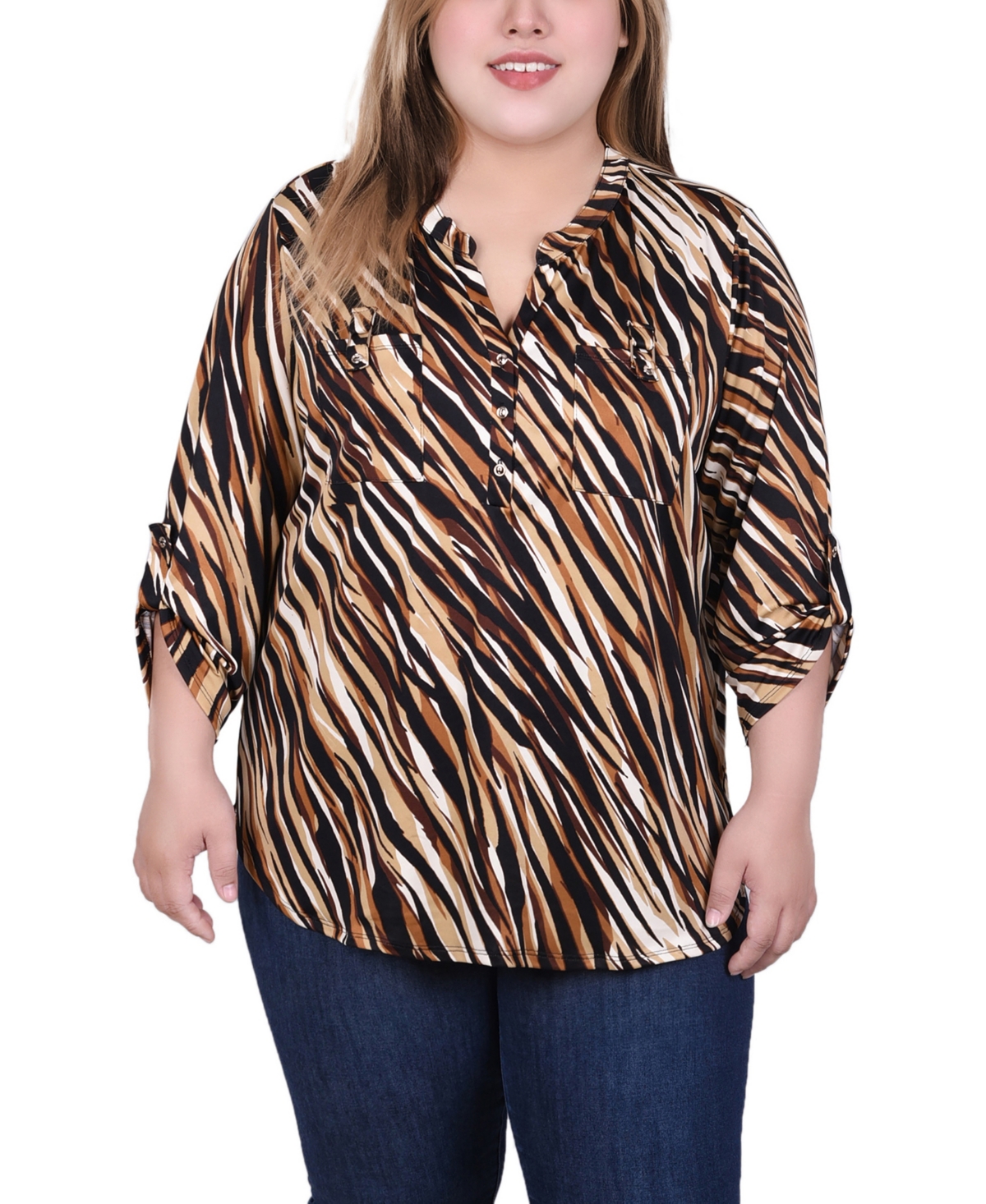 Ny Collection Plus Size Long Tab Sleeve Top With Pockets In Black Gold Animal