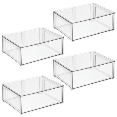 Plastic Stacking Closet Storage Organizer Bin with Drawer, 4 Pack, Clear