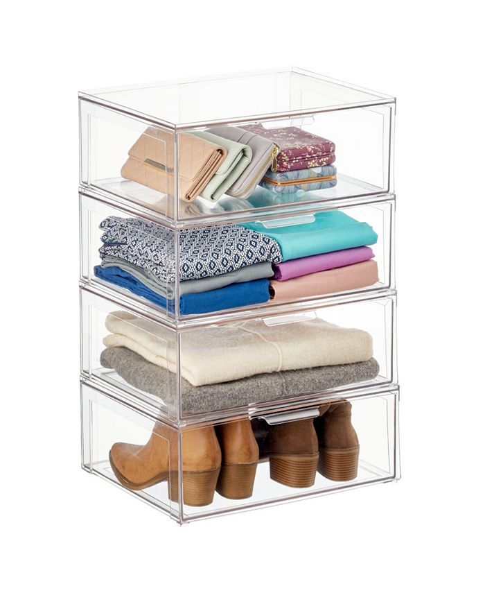 mDesign Stackable Closet Storage Bin Box with Pull-Out Drawer - Clear - 12 x 16 x 6, 4 Pack