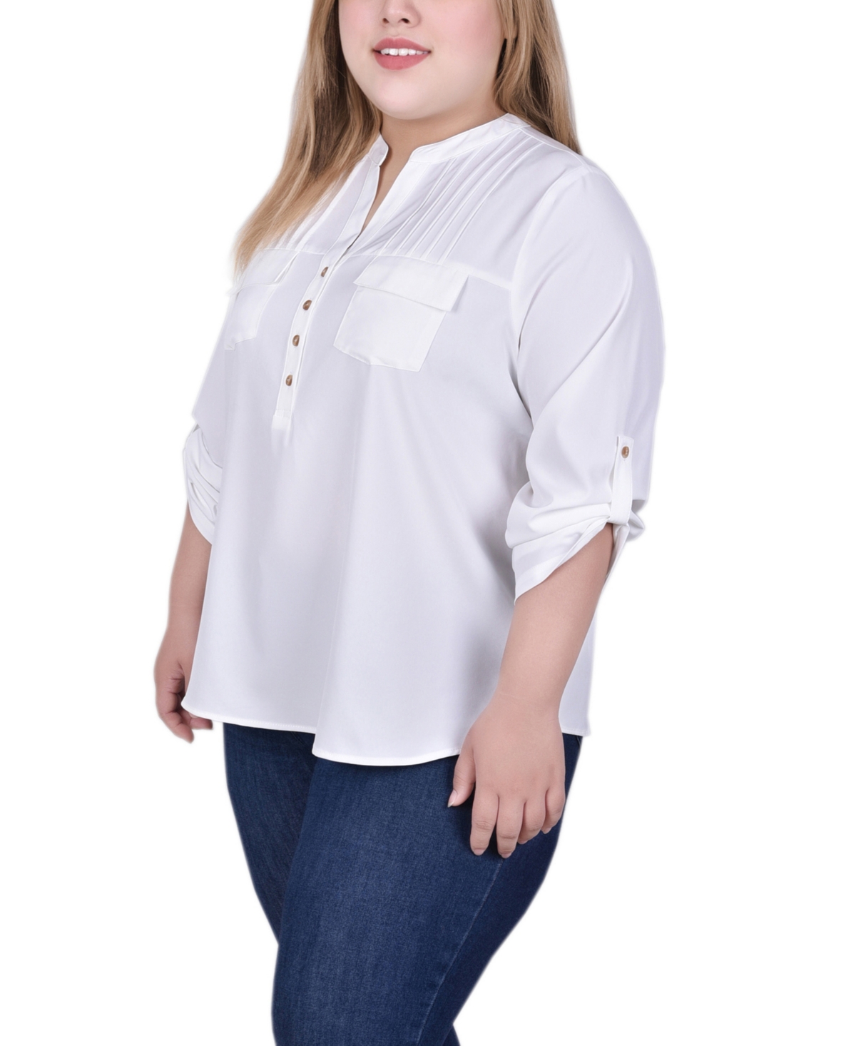Ny Collection Plus Size Long Tab Sleeve Blouse with Pockets