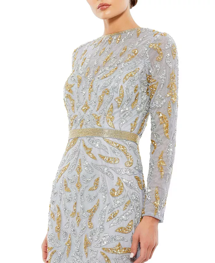 Women's Beaded Long Sleeve Evening Gown - thumbnail 2