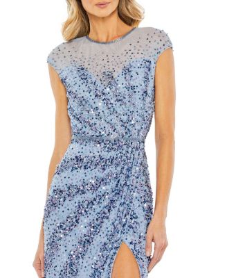 MAC DUGGAL イリュージョンハイネックミディドレス Blue Sequined Illusion High Neck Long Sleeve Midi Dress