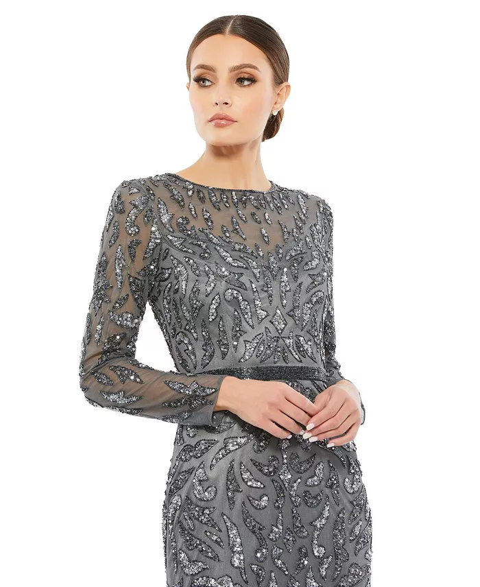 Women's Beaded Long Sleeve Evening Gown - thumbnail 5