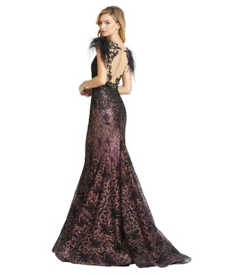 【Mac Duggal】フローラルキャップスリーブトランペットガウン Mac Duggal Women's Embellished Feather Cap Sleeve Illusion