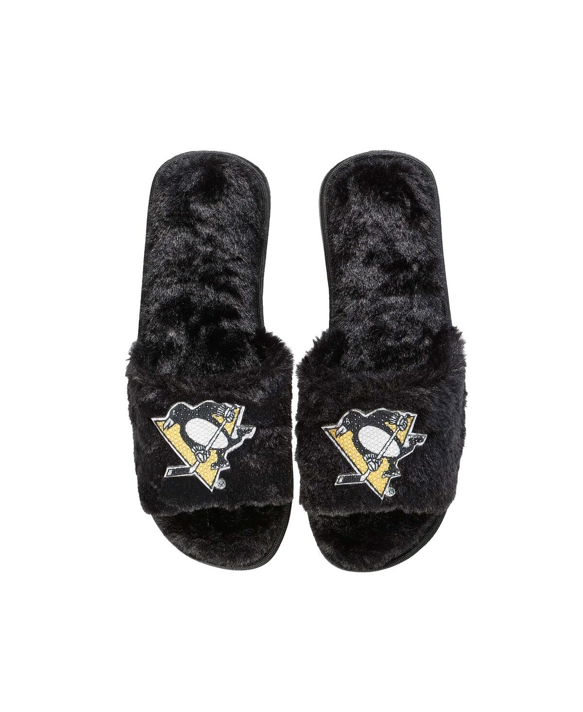 Foco Women's  Black Pittsburgh Penguins Rhinestone Fuzzy Slippers