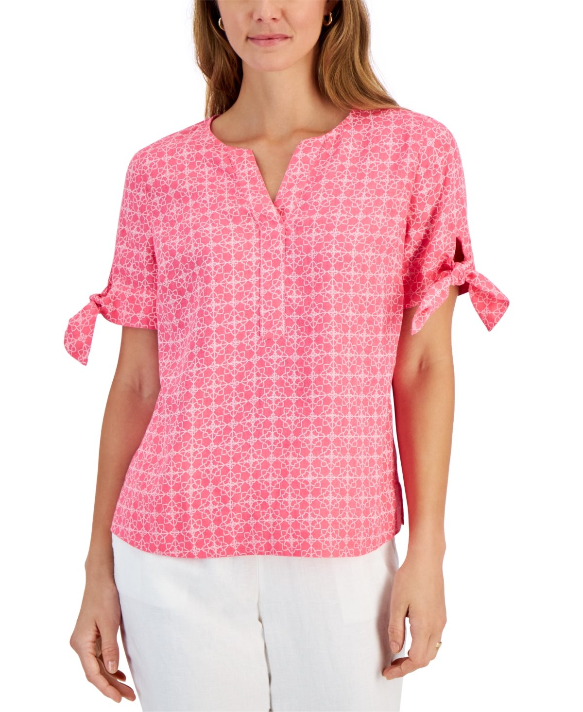 Women's 100% Linen Geo-Print Tie-Sleeve Top, Created for Macy's - Foxy Pink Combo