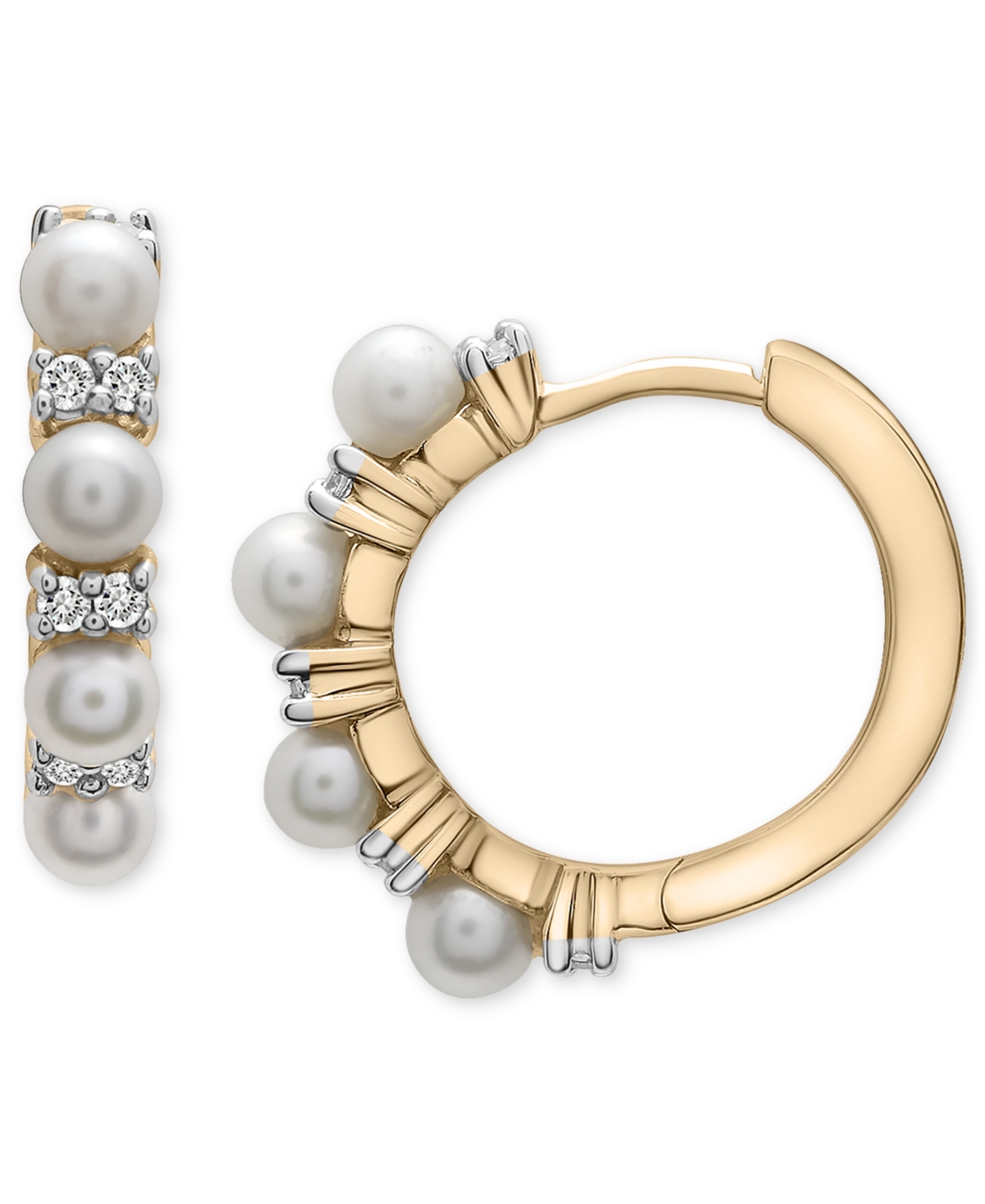 Macy's Cultured Freshwater Pearl (3mm) & Lab-created White Sapphire (1/4 Ct. T.w.) Small Hoop Earrings In 1 In Gold Over Silver