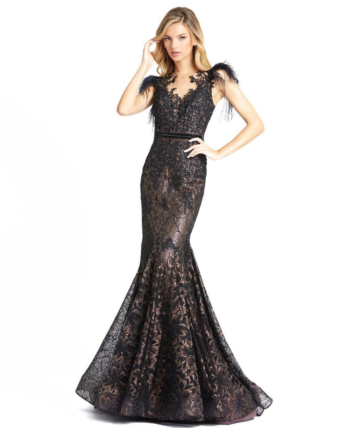 Women's Women's Embellished Feather Cap Sleeve Illusion Neck Trumpet Gown - Black