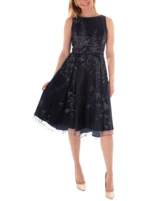 Maison Tara - Women's Metallic-Embroidered Mesh Pleated Midi Dress