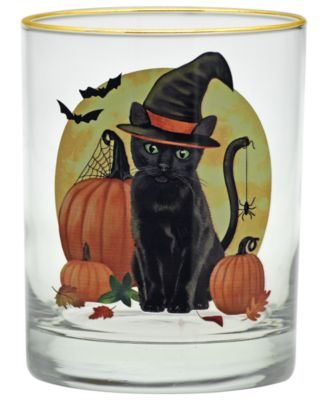 14-Ounce 22 Carat Gold-Tone Rim DOF (Double Old Fashioned) Glass Set of 4 - Witch Cat Moon